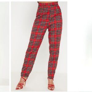Pretty Little Thing Red Tartan Straight Leg Pants